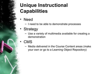 Unique Instructional
Capabilities
• Need
– I need to be able to demonstrate processes
• Strategy
– Use a variety of multimedia available for creating a
demonstration
• CMS
– Media delivered in the Course Content areas (make
your own or go to a Learning Object Repository)
 