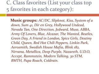 C. Class favorites (List your class top
5 favorites in each category):
Music groups: AC/DC, Slipknot, Kiss, System of a
down, Sum 41, Dir en Grey, Hollywood Undead,
Nevada Tan, One Direction, Jedward, Muse, ABBA,
Army Of Lovers, Blue, Alcazar, The Wanted, Beatles,
Green Day, A Friend in London, Spice Girls, Destiny
Child, Queen, Red Hot Chili Peppers, Linkin Park,
Aerosmith, Swedish House Mafia, Blink 182,
Nirvana, Metallica, Deep Purple, Nazareth, U.D.O,
Accept, Rammstein, Modern Talking, 30 STM,
BMTH, Papa Roach, Coldrain.
 