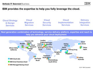 IBM provides the expertise to help you fully leverage the cloud. Cloud Security Services Cloud Migration Services Cloud Strategy & Design Services Cloud Implementation Services Delivery Integration Services Hanoi Vietnam Silicon Valley California Dublin Ireland São Paulo Brazil Johannesburg South Africa Bangalore India Tokyo Japan IBM Cloud Labs Seoul S. Korea IBM Smart Business Cloud Singapore Beijing China Raleigh NC Cloud  Research Ehningen Germany Boulder CO Toronto, ON Canada IBM Managed Backup Cloud Aubervillers France Madrid Spain London England Capetown South Africa Hong Kong Sydney Australia Next generation combination of technology, service delivery platform, expertise and reach to help you advance your cloud deployment  