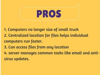 PROS 
1. Computers no longer size of small truck 
2. Centralized location for files helps individual 
computers run faster. 
3. Can access files from any location 
4. server manages common tasks like email and anti-virus 
updates. 
 