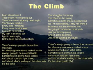 The Climb
I can almost see it
That dream I'm dreaming but
There's a voice inside my head sayin,
You'll never reach it,
Every step I'm taking,
Every move I make feels
Lost with no direction
My faith is shaking but I
I got to keep trying
Got to keep my head held high
There's always going to be another
mountain
I'm always gonna wanna make it move
Always going to be an uphill battle,
Sometimes I'm gonna have to lose,
Ain't about how fast I get there,
Ain't about what's waiting on the other side
It's the climb
The struggles I'm facing,
The chances I'm taking
Sometimes might knock me down but
No I'm not breaking, I may not know it
But these are the moments that
I'm going to remember most yeah
Just got to keep going
And I,I got to be strong
Just keep pushing on, cause
There's always going to be another mountai
I'm always gonna wanna make it move
Always gonna be an uphill battle,
Sometimes I'm gonna have to lose,
Ain't about how fast I get there,
Ain't about what's waiting on the other side
It's the climb (yeah) (2x)
 