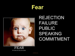 Fear
REJECTION
FAILURE
PUBLIC
SPEAKING
COMMITMENT
 