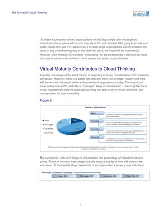 The Arrival of Cloud Thinking




                        As these future plans unfold, organizations will not stop simply with virtualization.
                       Virtualized infrastructure will absorb only about 6%, with another 10% going to private and
                       public clouds (6% and 4% respectively.) Overall, large organizations will not embrace the
                       cloud in any overwhelming way in the next few years; the move will be incremental.
                       However, their interest in just simply “virtualizing” will be paralleled by a desire to do more
                       than just virtualize and manifest in both private and public cloud initiatives.



                       Virtual Maturity Contributes to Cloud Thinking
                       Arguably, the usage of the word “cloud” is beginning to trump “virtualization” in IT marketing
                       vernacular. However, there is a subtle link between them. On average, roughly one-third
                       x86 servers are virtualized within enterprise-sized organizations today. The majority of
                       these enterprises (46%) indicate a “managed” stage of virtualization -- meaning they have
                       virtual management servers deployed and they are able to move virtual machines, and
                       manage them for high availability.

                       Figure E




                       Not surprisingly, with each stage of virtualization, the percentage of virtualized servers
                       grows. Those at the most basic stage indicate about a quarter of their x86 servers are
                       virtualized. At the highest stage, two-thirds of an organization’s servers have virtualized.




                                                          7
 