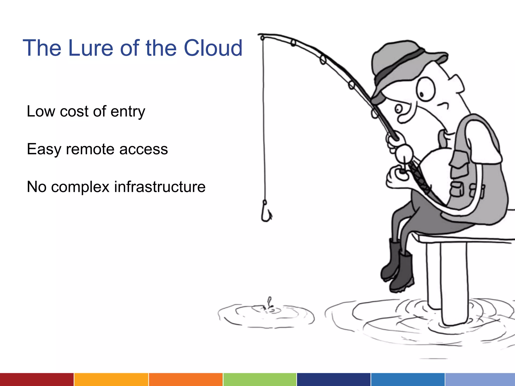 The Lure of the Cloud

Low cost of entry

Easy remote access

No complex infrastructure
 