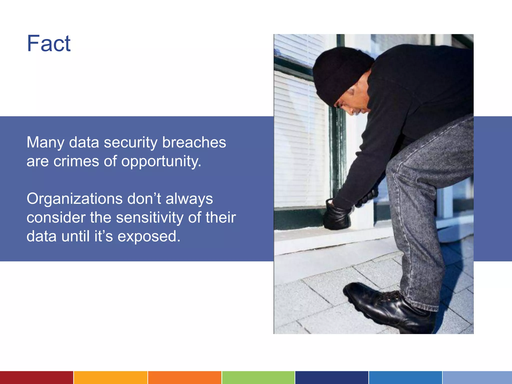 Fact



Many data security breaches
are crimes of opportunity.

Organizations don’t always
consider the sensitivity of their
data until it’s exposed.
 