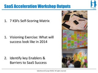 SaaS Acceleration Workshop Outputs


1. 7 KSFs Self-Scoring Matrix



1. Visioning Exercise: What will
   success look like in 2014



2. Identify key Enablers &
   Barriers to SaaS Success
                     SalesChannel Europe ©2012 All rights reserved
 