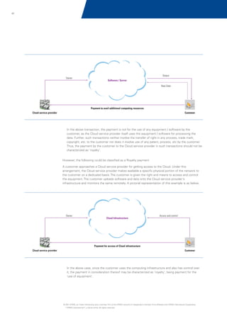 87

Owner

Output
Software / Server
Raw Data

Payment to avail additional computing resources
Customer

Cloud service provider

In the above transaction, the payment is not for the use of any equipment / software by the
customer, as the Cloud service provider itself uses the equipment / software for processing the
data. Further, such transactions neither involve the transfer of right in any process, trade mark,
copyright, etc. to the customer nor does it involve use of any patent, process, etc by the customer.
Thus, the payment by the customer to the Cloud service provider in such transactions should not be
characterized as 'royalty'.
However, the following could be classified as a Royalty payment
A customer approaches a Cloud service provider for getting access to the Cloud. Under this
arrangement, the Cloud service provider makes available a specific physical portion of the network to
the customer on a dedicated basis. The customer is given the right and means to access and control
the equipment. The customer uploads software and data onto the Cloud service provider's
infrastructure and monitors the same remotely. A pictorial representation of this example is as below.

Owner

Cloud Infrastructure

Access and control

Payment for access of Cloud infrastructure
Customer

Cloud service provider

In the above case, since the customer uses the computing infrastructure and also has control over
it, the payment in consideration thereof may be characterized as 'royalty', being payment for the
'use of equipment'.

© 2011 KPMG, an Indian Partnership and a member firm of the KPMG network of independent member firms affiliated with KPMG International Cooperative
(“KPMG International”), a Swiss entity. All rights reserved.

 