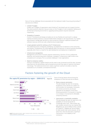 03

Some of the key challenges that are associated with the traditional model of sourcing and providing IT
services are as follows:
? IT budget:
Limited

Initially, the IT budgets of organizations were limited as IT was looked upon as a support function.
The recent economic downturn has put a strain on the IT budget of most companies. Setting-up an
On-Premise computing environment or upgrading existing systems requires substantial
investments.
?
Scalability of systems:

Current IT frameworks and design principles are not very flexible and could result in a design
overhaul of existing solutions, to accommodate drastic changes to user requirements. E.g. system
administrators manage peak demand for server access by investing in additional hardware and
software resources which are under utilized during non-peak loads.
? gestation period for setting up the IT infrastructure:
Longer

The traditional process of designing, developing, and deployment of solutions is time consuming
and iterative. Consequently, this could negatively affect the execution of various business processes
especially when there is a need for the rapid development and deployment of applications.
?
Infrastructure management:

Management of the entire IT function requires investments in the form of time, professional
expertise, and financial investments. Moreover, managing IT infrastructure might not be a core
competence of a company. This is a constant challenge in most organizations.
? enterprise mobility:
Need for

Owing to convergence in global markets and the need to stay connected round the clock, business
executives are now demanding a well connected environment that caters to real-time information
interchange. The traditional environment needs a significant overhaul to be able to meet the
expectations of a virtualized / connected environment.

Factors fostering the growth of the Cloud
Per capita PC penetration by region – 2008-2012

Figure 02

216
168

Worldwide

?computer penetration:
Rising

The past decade has seen the increasing
acceptance of the internet as a medium of
communication for businesses. Computers
and internet connectivity are the prerequisites for the adoption of the Cloud.
Growing penetration of computers is resulting
in an increase in the demand for affordable
computing solutions.

55
40

Middle East and Africa

112
81

Asia Pacific

239
204
262
167

Eastern Europe
Latin America
Japan

587

Western Europe

660
754

580

North America

?
Improvement in bandwidth availability:

876
0

200

Some of the key factors that are driving the
acceptance of Cloud services are as follows:

400

600

800

1000

PCs per 1000 population
2008

2012

Source: Deutsche Bank and Gartner , ‘Report: Changing PC sector, market share, emerging markets,
forecast considerations’, September 2009

1036
1200

The past decade has seen the rapid rise in the
availability of internet bandwidth at
increasingly lower costs. Data transfer rate
over wireless networks has now reached 300
Megabytes per second (Mbps) while it stands
at a speed of 1 Gigabyte per second (Gbps)
for data transfer over wired networks. At the
same time, there has also been a significant
improvement in the reliability of the
connection.

© 2011 KPMG, an Indian Partnership and a member firm of the KPMG network of independent member firms affiliated with KPMG International Cooperative
(“KPMG International”), a Swiss entity. All rights reserved.

 