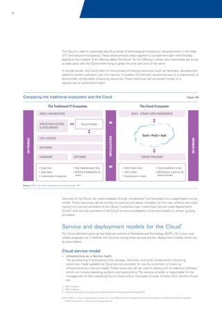 05

The Cloud is used to cohesively identify a series of technological innovations / advancements in the fields
of IT and telecommunications. These advancements have together to complement each other thereby
leading to the creation of an offering called ‘the Cloud’. As this offering is rather new, businesses are trying
to keep pace with the Cloud while trying to grasp the pros and cons of the same.
In simple words, the Cloud refers to the process of sharing resources (such as hardware, development
platforms and/or software) over the internet. It enables On-Demand network access to a shared pool of
dynamically configurable computing resources. These resources are accessed mostly on a
pay-per-use or subscription basis.

Comparing the traditional ecosystem and the Cloud

Figure 04

The Traditional IT Ecosystem

The Cloud Ecosystem

SINGLE ORGANIZATION

MULTI - TENANT USER ENVIRONMENT
Service Providers

NETWORKS
HARDWARE

SOFTWARE

SaaS + PaaS + IaaS
ON DEMAND

DATA CENTERS

VIRTUALIZATION

ON PREMISE

APPLICATION HOSTING
& DEVELOPMENT

SERVICE PROVIDERS

?
Single User

?
High Implementation Time

? Users
Multi Tenant

?
Time to Implement is low

?
Huge Capex

? Adaptability are
Mobility &

?
Shift to Opex

? is done by the
Maintenance

?
Customization is expensive

issues

?
Customization is easier

Service provider

Source: KPMG's The Cloud: Changing the Business Ecosystem, 2011

Services of the Cloud, are made available through virtualization4 and provided on a usage-based pricing
model. These resources can be quickly provisioned and easily managed, by the user, without any major
inputs from service providers of the Cloud. Customers sign customized Service Level Agreements
(SLAs)5 with service providers of the Cloud to ensure availability of services based on certain guiding
principles.

Service and deployment models for the Cloud6
The Cloud definition given by the National Institute of Standards and Technology (NIST), US, is the most
widely accepted one. It defines the Cloud as having three service and four deployment models which are
as given below:

Cloud service model
?
Infrastructure as a Service (IaaS):

The provisioning of processing time, storage, networks, and other fundamental computing
resources, made available by Cloud service providers for use by customers is known as
Infrastructure as a Service (IaaS). These resources can be used to deploy and run arbitrary software
which can include operating systems and applications. The service provider is responsible for the
management of the underlying Cloud infrastructure. Examples include: Amazon EC2, Zenith’s Proud,
etc.
4. Refer to glossary
5. Refer to glossary
6. Definitions are based on those given by the National Institute of Standards and Technology (NIST)
© 2011 KPMG, an Indian Partnership and a member firm of the KPMG network of independent member firms affiliated with KPMG International Cooperative
(“KPMG International”), a Swiss entity. All rights reserved.

 