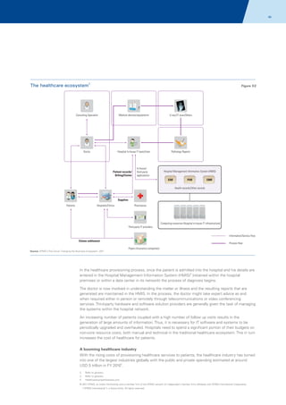 40

The healthcare ecosystem2

Figure 02

Consulting Specialist

Medical devices/equipments

X-ray/CT scan/Others

Doctor

Hospital In-house IT team/User

Pathology Reports

In-house/
third-party
applications

Patient records/
Billing/Claims

Hospital Management Information System (HMIS)
EHR

PHR

EMR

Health records/Other records

Supplies
Patients

Hospitals/Clinics

Pharmacies

Computing resources (Hospital in-house IT infrastructure)
Third-party IT providers
Information/Service flow
Claims settlement

Process flow
Payers (Insurance companies)

Source: KPMG's The Cloud: Changing the Business Ecosystem, 2011

In the healthcare provisioning process, once the patient is admitted into the hospital and his details are
entered in the Hospital Management Information System (HMIS)3 (retained within the hospital
premises or within a data center in its network) the process of diagnosis begins.
The doctor is now involved in understanding the matter or illness and the resulting reports that are
generated are maintained in the HMIS. In the process, the doctor might take expert advice as and
when required either in person or remotely through telecommunications or video conferencing
services. Third-party hardware and software solution providers are generally given the task of managing
the systems within the hospital network.
An increasing number of patients coupled with a high number of follow up visits results in the
generation of large amounts of information. Thus, it is necessary for IT software and systems to be
periodically upgraded and overhauled. Hospitals need to spend a significant portion of their budgets on
non-core resource costs, both manual and technical in the traditional healthcare ecosystem. This in turn
increases the cost of healthcare for patients.
A booming healthcare industry
With the rising costs of provisioning healthcare services to patients, the healthcare industry has turned
into one of the largest industries globally with the public and private spending estimated at around
USD 5 trillion in FY 20104.
2.

Refer to glossary

3.

Refer to glossary

4.

Healthcarecompetitiveness.com

© 2011 KPMG, an Indian Partnership and a member firm of the KPMG network of independent member firms affiliated with KPMG International Cooperative
(“KPMG International”), a Swiss entity. All rights reserved.

 