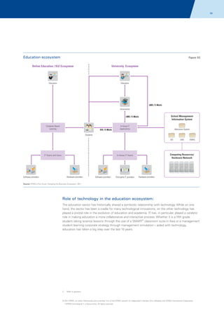 56

Education ecosystem

Figure 02

Online Education / VLE Ecosystem

University Ecosystem

Educators

Educators

LMS / E-Mails
Universities
LMS / E-Mails

Computer Based
Learning

SIS / E-Mails

School Management
Information System

In-house IT
Applications

Admission System

Students
SIS

IT Teams and Users

Hardware providers

Software providers

Third party IT providers

EMAIL

Computing Resources/
Hardware Network

In-House IT Teams

Software providers

LMS

Hardware providers

Source: KPMG's The Cloud: Changing the Business Ecosystem, 2011

Role of technology in the education ecosystem:
The education sector has historically shared a symbiotic relationship with technology. While on one
hand, the sector has been a cradle for many technological innovations, on the other technology has
played a pivotal role in the evolution of education and academia. IT has, in particular, played a catalytic
role in making education a more collaborative and interactive process. Whether it is a fifth grade
student taking science lessons through the use of a SMART2 classroom suite in Asia or a management
student learning corporate strategy through management simulation – aided with technology,
education has taken a big step over the last 10 years.

2.

Refer to glossary

© 2011 KPMG, an Indian Partnership and a member firm of the KPMG network of independent member firms affiliated with KPMG International Cooperative
(“KPMG International”), a Swiss entity. All rights reserved.

 