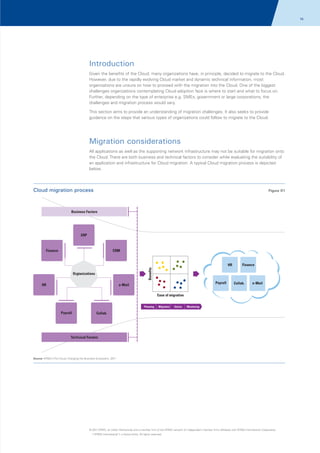 74

Introduction
Given the benefits of the Cloud, many organizations have, in principle, decided to migrate to the Cloud.
However, due to the rapidly evolving Cloud market and dynamic technical information, most
organizations are unsure on how to proceed with the migration into the Cloud. One of the biggest
challenges organizations contemplating Cloud adoption face is where to start and what to focus on.
Further, depending on the type of enterprise e.g. SMEs, government or large corporations, the
challenges and migration process would vary.
This section aims to provide an understanding of migration challenges. It also seeks to provide
guidance on the steps that various types of organizations could follow to migrate to the Cloud.

Migration considerations
All applications as well as the supporting network infrastructure may not be suitable for migration onto
the Cloud. There are both business and technical factors to consider while evaluating the suitability of
an application and infrastructure for Cloud migration. A typical Cloud migration process is depicted
below.

Cloud migration process

Figure 01

Business Factors

ERP

Finance

CRM

Finance

Benefits

HR
Orgtanizations

Payroll

e-Mail

HR

Collab.

e-Mail

Ease of migration
Planning

Payroll

Migration

GoLive

Monitoring

Collab.

Technical Factors

Source: KPMG's The Cloud: Changing the Business Ecosystem, 2011

© 2011 KPMG, an Indian Partnership and a member firm of the KPMG network of independent member firms affiliated with KPMG International Cooperative
(“KPMG International”), a Swiss entity. All rights reserved.

 