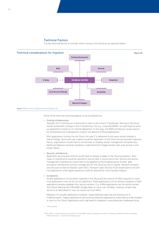 77

Technical Factors
The key technical factors to consider when moving to the Cloud are as depicted below:

Technical considerations for migration

Figure 03
Existing Infrastructure

SLAs

IT Skills

Security

Complexity

TECHNICAL FACTORS

Local Access & Storage

Availability

Network & Support
Source: KPMG's The Cloud: Changing the Business Ecosystem, 2011

Some of the other key technical aspects to be considered are:
? infrastructure:
Existing

Typically, the IT architecture is optimized to cater to the current IT landscape. Moving to the Cloud
would necessitate a change in the IT architecture. For e.g., corporate WANs1 are optimized to serve
up applications hosted on an internal datacenter. In this case, the WAN architecture would need to
be re-assessed and re-designed to support the delivery of Cloud applications.
With applications moving into the Cloud, the way IT is delivered to end users would undergo a
radical change. Some end user support would be dependent on the Cloud service provider response.
Hence, organizations would have to concentrate on building vendor management competencies.
Additional diligence would be needed to understand and mitigate vendor risks such as lock-in and
vendor failure.
? architecture:
Security

Application security and controls would need to change to adapt to the Cloud ecosystem. New
types of mechanisms would be required to secure data in transit and at rest. Identity and access
management mechanisms would need to be adapted to Cloud deployments. Further, data
encryption mechanisms and key management for the Cloud are yet to mature. Network transport
security such as Secure Sockets Layer (SSL), Transport Layer Security (TLS) would need to be built
into applications while digital signatures could be required for ensuring data integrity.
?
Complexity:

Simple applications can be easily migrated to the Cloud and the amount of effort required to move
such applications may not be not too significant. These applications can be directly migrated to SaaS
applications already available from various vendors. E.g. e-Mail applications can be directly ported
onto Cloud offerings like Office365, Google Apps or Lotus Live. Similarly, moving a simple web
server to an IaaS platform may not require as much effort.
Migration of complex applications however, needs elaborate planning and testing prior to
implementation. Legacy applications and existing enterprise applications could require code changes
to work on the Cloud. Applications with high level of integration using advanced middleware bring
1.

Refer to glossary

© 2011 KPMG, an Indian Partnership and a member firm of the KPMG network of independent member firms affiliated with KPMG International Cooperative
(“KPMG International”), a Swiss entity. All rights reserved.

 