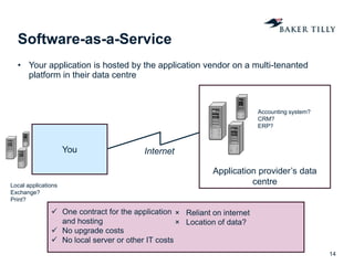 Application provider’s data
centre
Software-as-a-Service
• Your application is hosted by the application vendor on a multi-tenanted
platform in their data centre
14
You Internet
 One contract for the application
and hosting
 No upgrade costs
 No local server or other IT costs
× Reliant on internet
× Location of data?
Accounting system?
CRM?
ERP?
Local applications
Exchange?
Print?
 