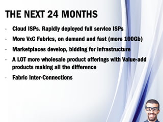 THE NEXT 24 MONTHS
•  Cloud ISPs. Rapidly deployed full service ISPs
•  More VxC Fabrics, on demand and fast (more 100Gb)
•  Marketplaces develop, bidding for infrastructure
•  A LOT more wholesale product offerings with Value-add
products making all the difference
•  Fabric Inter-Connections
 