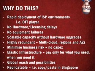 WHY DO THIS?
•  Rapid deployment of ISP environments
i.e. OTT player
•  No Hardware/Licensing delays
•  No equipment failures
•  Scalable capacity without hardware upgrades
•  Highly redundant – Multi-cloud, regions and AZs
•  Minimise business risk – no capex
•  Elastic Infrastructure – pay only for what you need,
when you need it
•  Global reach and possibilities
•  Replicatable – i.e. copy/paste in Singapore
 
