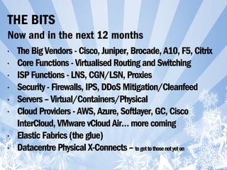 • The Big Vendors - Cisco, Juniper, Brocade, A10, F5, Citrix
• Core Functions - Virtualised Routing and Switching
• ISP Functions - LNS, CGN/LSN, Proxies
• Security - Firewalls, IPS, DDoS Mitigation/Cleanfeed
• Servers – Virtual/Containers/Physical
• Cloud Providers - AWS, Azure, Softlayer, GC, Cisco
InterCloud, VMware vCloud Air… more coming
• Elastic Fabrics (the glue)
• Datacentre Physical X-Connects – togettothosenotyeton
THE BITS
Now and in the next 12 months
 