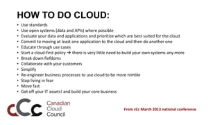 HOW TO DO CLOUD:
•   Use standards
•   Use open systems (data and APIs) where possible
•   Evaluate your data and applicat...