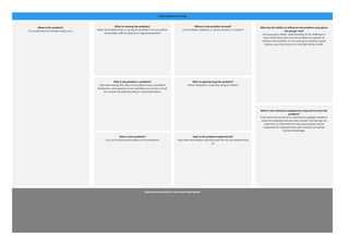 Initial problem framing
What is causing the problem?
What observable thing is causing the problem? Can you define
the problem with its physical or logical properties?
Why is the problem a problem?
Start with asking why! why is the problem even a problem?
Sometimes, what appears to be a problem can just be a result
of a simple misunderstanding or misinterpretation.
When is the problem?
Can you find temporal patterns of the problem?
Where is the problem located?
Is the problem related to a certain location, or system?
Who is experiencing the problem?
Who's headache is it we are trying to relieve?
How is the problem experienced?
How does the problem manifest itself for the one experiencing
it?
Who has the ability to influence the problem once given
the proper tool?
Once you get a better understanding of the challenge at
hand, think about who has the mandate and power, to
influence the problem. It’s not enough to develop a great
solution, you have to put it in the right hands as well.
What is the technical competence required to solve the
problem?
Think about the technical or expertise knowledge needed to
solve the challenge that you have framed. This will also be
important to understand on how your product will be
integrated. It's important that your solution can exhibit
domain knowledge.
Describe the problem in one short description
What is the problem?
Try to describe the problem freely as-​
is.
 