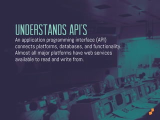 An application programming interface (API)
connects platforms, databases, and functionality.
Almost all major platforms ha...