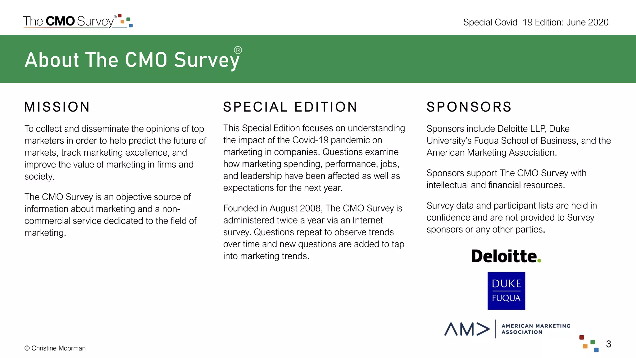 © Christine Moorman
Special Covid–19 Edition: June 2020
3
About The CMO Survey
To collect and disseminate the opinions of top
marketers in order to help predict the future of
markets, track marketing excellence, and
improve the value of marketing in firms and
society.
The CMO Survey is an objective source of
information about marketing and a non-
commercial service dedicated to the field of
marketing.
This Special Edition focuses on understanding
the impact of the Covid-19 pandemic on
marketing in companies. Questions examine
how marketing spending, performance, jobs,
and leadership have been affected as well as
expectations for the next year.
Founded in August 2008, The CMO Survey is
administered twice a year via an Internet
survey. Questions repeat to observe trends
over time and new questions are added to tap
into marketing trends.
Sponsors include Deloitte LLP, Duke
University’s Fuqua School of Business, and the
American Marketing Association.
Sponsors support The CMO Survey with
intellectual and financial resources.
Survey data and participant lists are held in
confidence and are not provided to Survey
sponsors or any other parties.
M I SSI ON S PE C I AL E D I T I ON S P O NSORS
®
 