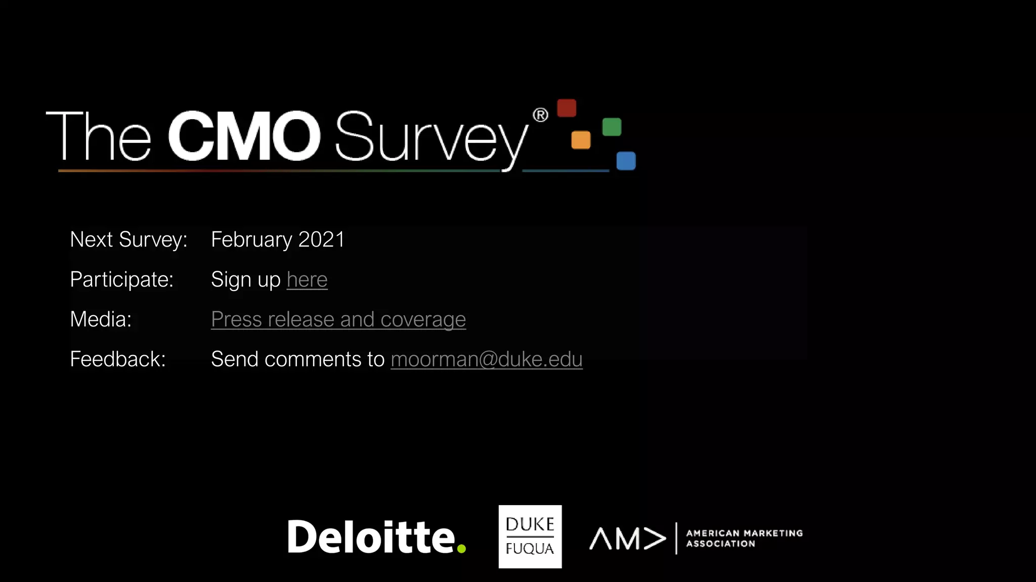 Next Survey: February 2021
Participate: Sign up here
Media: Press release and coverage
Feedback: Send comments to moorman@duke.edu
 