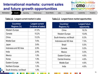 AnalyticsLeadershipOrganizationJobsSocial MediaPerformanceSpendingGrowthMarketplace
International markets: current sales
and future growth opportunities
Countries/
Regions(%)
Largest future
opportunity
China 19.3%
Western Europe 13.8%
South America, not Brazil 8.3%
Indonesia and SE Asia 7.3%
Brazil 5.5%
Canada 5.5%
Mexico 5.5%
Eastern Europe 4.6%
Central America 4.6%
Middle East 4.6%
India 4.6%
Countries/
Regions(%)
Largest current
(in terms of sales)
Western Europe 41.0%
Canada 15.2%
China 13.3%
Middle East 7.6%
Japan 3.8%
Indonesia and SE Asia 2.9%
India 2.9%
Mexico 1.9%
Korea 1.9%
Eastern Europe 1.9%
Northern Europe 1.9%
South America, not Brazil 1.9%
Table 2.2. Largest currentmarket in sales Table 2.3. Largest future market opportunities
15
 