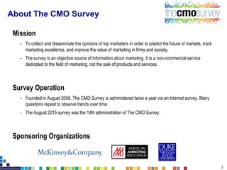 Mission
- To collect and disseminate the opinions of top marketers in order to predict the future of markets, track
marketing excellence, and improve the value of marketing in firms and society.
- The survey is an objective source of information about marketing. It is a non-commercial service
dedicated to the field of marketing, not the sale of products and services.
Survey Operation
- Founded in August 2008, The CMO Survey is administered twice a year via an Internet survey. Many
questions repeat to observe trends over time.
- The August 2015 survey was the 14th administration of The CMO Survey.
Sponsoring Organizations
About The CMO Survey
2
 
