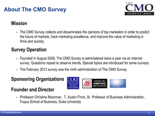 About The CMO Survey

         Mission
             - The CMO Survey collects and disseminates the opinions of top markete...