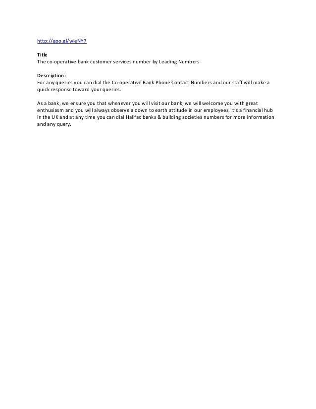 The Co Operative Bank Customer Services Number By Leading Numbers