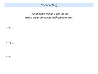 The specific things I can do to
make clear contracts with people are:
* To …
* To …
* To …
Contracting
 