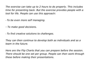 The exercise can take up to 2 hours to do properly. This includes
time for presenting back. But the exercise provides people with a
tool for life. People can use this approach:
- To be even more self managing.
- To make good decisions.
- To find creative solutions to challenges.
They can then continue to develop both as individuals and as a
team in the future.
Here are the Flip Charts that you can prepare before the session.
There should be one set per group. People can then work through
these before making their presentations.
 