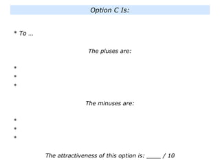 * To …
The pluses are:
*
*
*
The minuses are:
*
*
*
The attractiveness of this option is: ____ / 10
Option C Is:
 