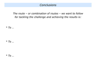 The route – or combination of routes – we want to follow
for tackling the challenge and achieving the results is:
* To …
* To …
* To …
Conclusions
 