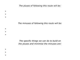 The pluses of following this route will be:
*
*
*
The minuses of following this route will be:
*
*
*
The specific things we can do to build on
the pluses and minimise the minuses are:
*
*
*
 