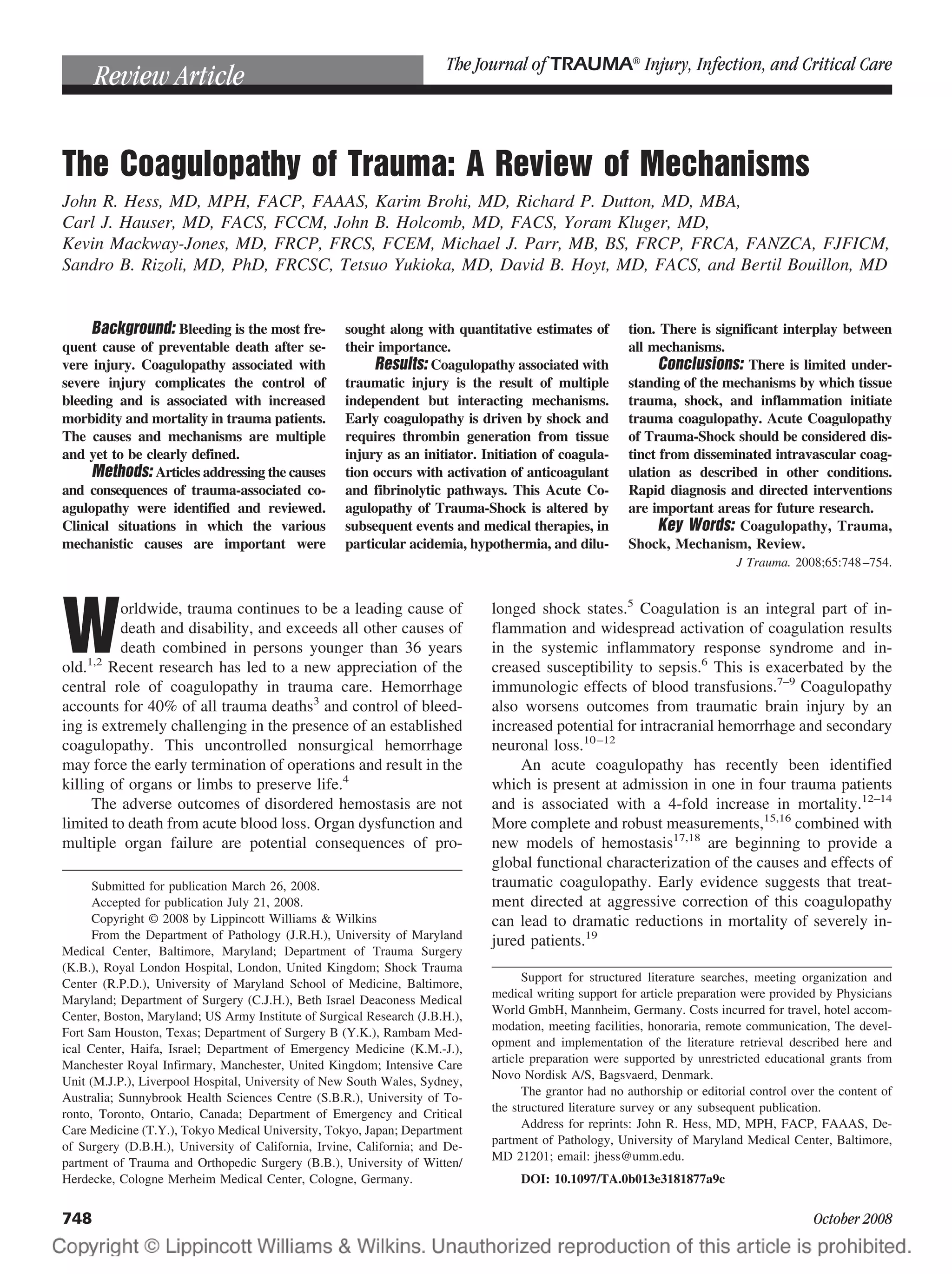 The Coagulopathy of Trauma: A Review of Mechanisms | PDF