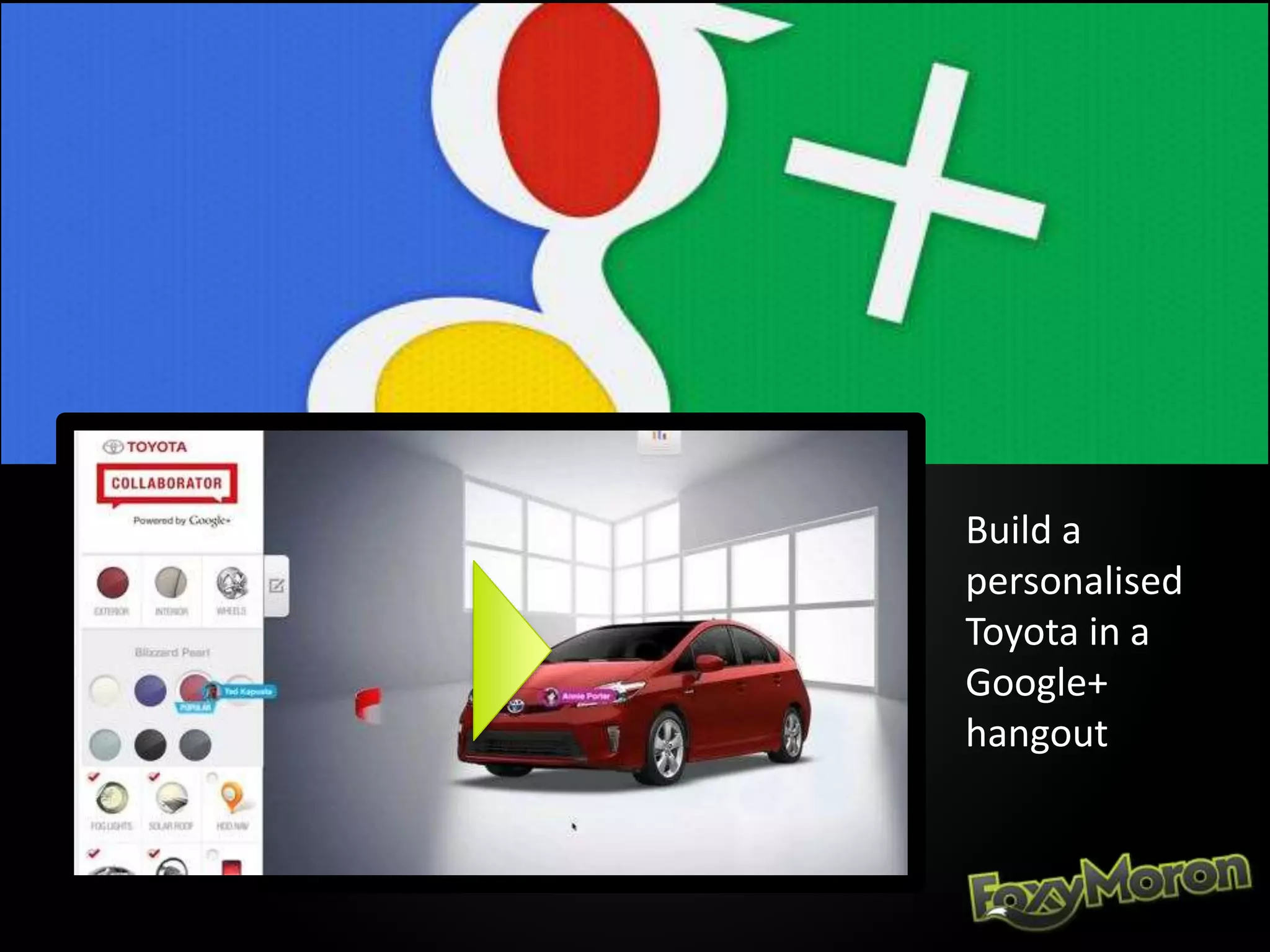 Build a
personalised
Toyota in a
Google+
hangout
 