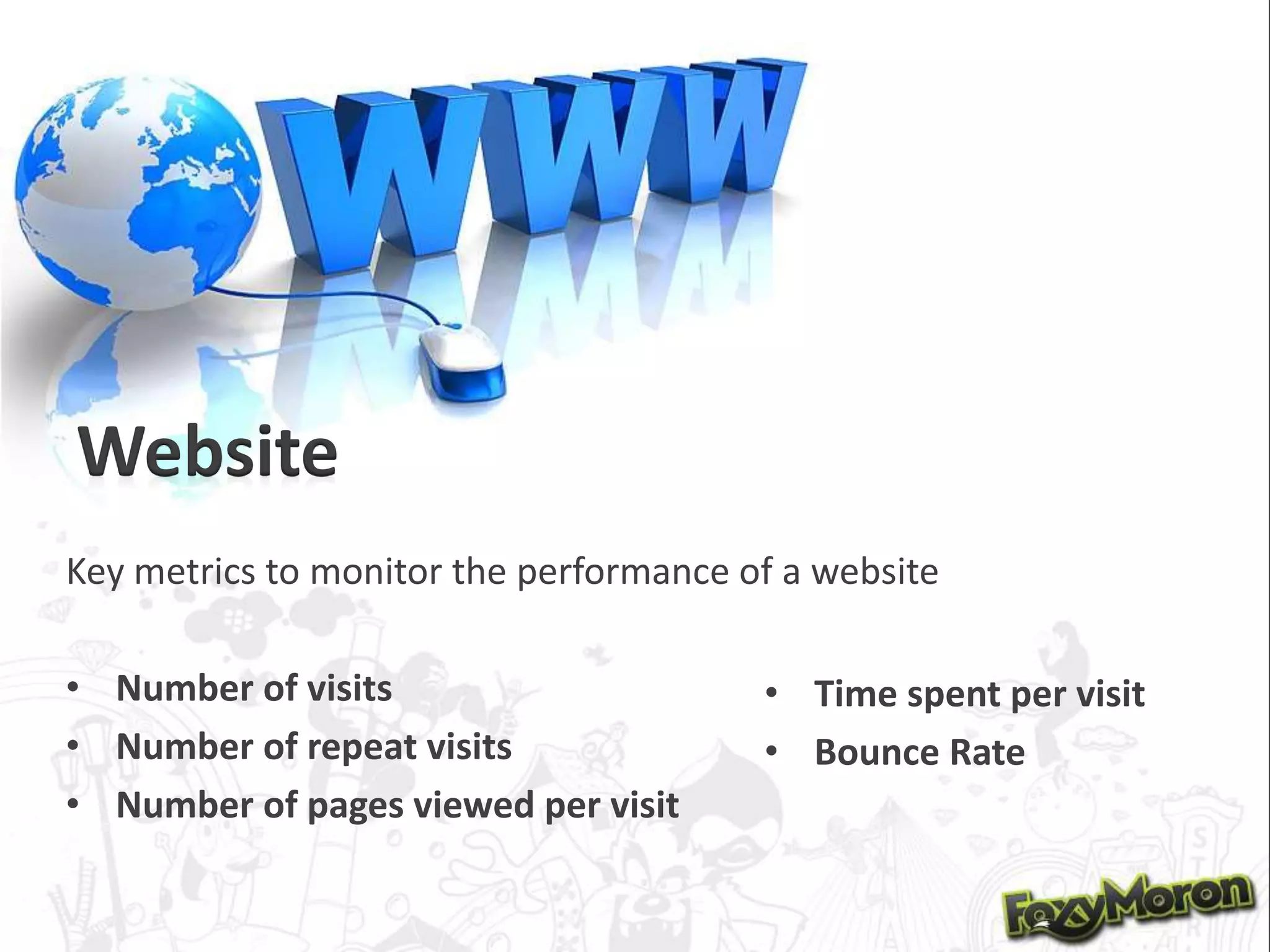 Key metrics to monitor the performance of a website
• Number of visits
• Number of repeat visits
• Number of pages viewed per visit
Website
• Time spent per visit
• Bounce Rate
 