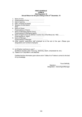 120
FIRST SCHEDULE
FORM III
(See Regulation 5)
Annual Return for the year ending on the 31
st
December, 19
1. Name of mine ………………………………………
2. Postal address of mine …………………………..
3. Date of opening ……………………………………
4. Date of closing (if closed)
5. Situation of mine District………………………………………
State ………………………………….
6. Name of Owner……………………….
Postal address of Owner…………………..
7. Name of Managing Agents (if any)…………………..
Postal address of Managing Agents………………….
8. Name of Agent (if any) as defined in section 2(c) of the Mines Act, 1952………….
Portal address of Agent ………………………….
9. Name of Manager……………………………….
Postal address of Manager………………………………
10. Other superior supervisory staff employed as at the end of the year. (Please give
designations and numbers employed).
………………………………………………..
………………………………………………...
11. (a) Whether machinery is used ? ……………………
(b) Nature of power used, if any (e.g., electricity, steam, compressed air, etc.)
12. Tables A to F duly filled in, are attached.
Certified that the information given above and in Tables A to F below is correct to the best
of my knowledge.
Yours faithfully,
Signature …………………………
Designation : Owner/Agent/Manager
 