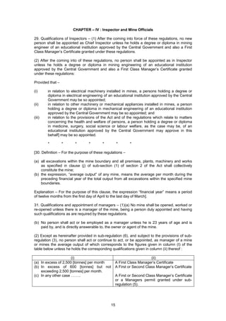 15
CHAPTER – IV : Inspector and Mine Officials
29. Qualifications of Inspectors – (1) After the coming into force of these regulations, no new
person shall be appointed as Chief Inspector unless he holds a degree or diploma in mining
engineer of an educational institution approved by the Central Government and also a First
Class Manager’s Certificate granted under these regulations.
(2) After the coming into of these regulations, no person shall be appointed as in Inspector
unless he holds a degree or diploma in mining engineering of an educational institution
approved by the Central Government and also a First Class Manager’s Certificate granted
under these regulations:
Provided that –
(i) in relation to electrical machinery installed in mines, a persons holding a degree or
diploma in electrical engineering of an educational institution approved by the Central
Government may be so appointed;
(ii) in relation to other machinery or mechanical appliances installed in mines, a person
holding a degree or diploma in mechanical engineering of an educational institution
approved by the Central Government may be so appointed; and
(iii) in relation to the provisions of the Act and of the regulations which relate to matters
concerning the health and welfare of persons, a person holding a degree or diploma
in medicine, surgery, social science or labour welfare, as the case may be, of an
educational institution approved by the Central Government may approve in this
behalf] may be so appointed.
* * * * * * *
[30. Definition – For the purpose of these regulations –
(a) all excavations within the mine boundary and all premises, plants, machinery and works
as specified in clause (j) of sub-section (1) of section 2 of the Act shall collectively
constitute the mine;
(b) the expression, “average output” of any mine, means the average per month during the
preceding financial year of the total output from all excavations within the specified mine
boundaries.
Explanation – For the purpose of this clause, the expression “financial year” means a period
of twelve months from the first day of April to the last day of March].
31. Qualifications and appointment of managers – (1)(a) No mine shall be opened, worked or
re-opened unless there is a manager of the mine, being a person duly appointed and having
such qualifications as are required by these regulations.
(b) No person shall act or be employed as a manager unless he is 23 years of age and is
paid by, and is directly answerable to, the owner or agent of the mine.
(2) Except as hereinafter provided in sub-regulation (6), and subject to the provisions of sub-
regulation (3), no person shall act or continue to act, or be appointed, as manager of a mine
or mines the average output of which corresponds to the figures given in column (I) of the
table below unless he holds the corresponding qualifications given in column (ii) thereof :
(i) (ii)
(a) In excess of 2,500 [tonnes] per month
(b) In excess of 600 [tonnes] but not
exceeding 2,500 [tonnes] per month.
(c) In any other case ……..
A First Class Manager’s Certificate
A First or Second Class Manager’s Certificate
A First or Second Class Manager’s Certificate
or a Managers permit granted under sub-
regulation (5).
 