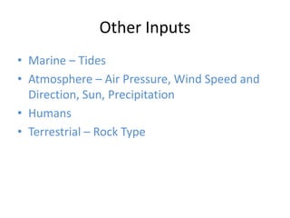 Other InputsMarine – TidesAtmosphere – Air Pressure, Wind Speed and Direction, Sun, PrecipitationHumansTerrestrial – Rock Type