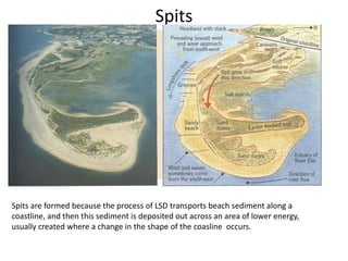 SpitsSpits are formedbecausetheprocess of LSD transportsbeachsedimentalong a coastline, and thenthissedimentisdepositedoutacrossanarea of lowerenergy, usuallycreatedwhere a change in theshape of thecoaslineoccurs.  