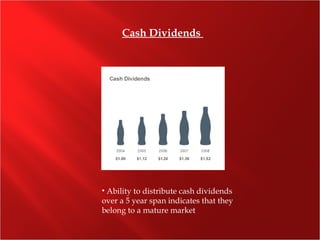 Cash Dividends
• Ability to distribute cash dividends
over a 5 year span indicates that they
belong to a mature market
 