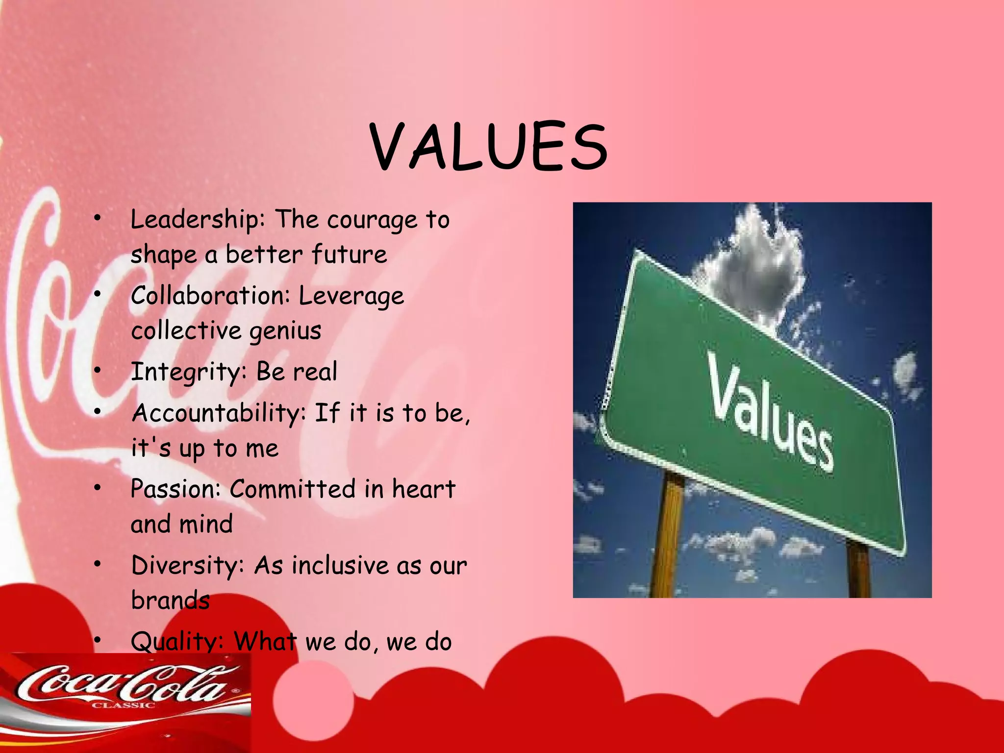 VALUES Leadership: The courage to shape a better future Collaboration: Leverage collective genius Integrity: Be real Accountability: If it is to be, it's up to me Passion: Committed in heart and mind Diversity: As inclusive as our brands Quality: What we do, we do well 