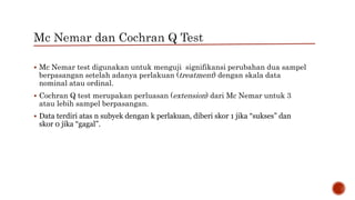  Mc Nemar test digunakan untuk menguji signifikansi perubahan dua sampel
berpasangan setelah adanya perlakuan (treatment) dengan skala data
nominal atau ordinal.
 Cochran Q test merupakan perluasan (extension) dari Mc Nemar untuk 3
atau lebih sampel berpasangan.
 Data terdiri atas n subyek dengan k perlakuan, diberi skor 1 jika “sukses” dan
skor 0 jika “gagal”.
 