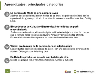 Aprendizajes: principales categorías
10 COMPRA ONLINE EN COLOMBIA
La compra de Moda es una compra joven
Además dos de cada...