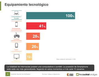 Equipamiento tecnológico
21 COMPRA ONLINE EN COLOMBIA
Computadora /
Portátil
Smartphone
Tablet
12%
26%
28%
41%
100%
Consol...