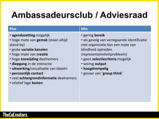 Ambassadeursclub / Adviesraad
Plus Min
• agendasetting mogelijk
• hoge mate van gemak (staan altijd
stand-by)
• grote vari...