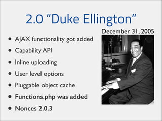 2.0 “Duke Ellington”
• AJAX functionality got added	

• Capability API	

• Inline uploading	

• User level options	

• Pluggable object cache	

• Functions.php was added
• Nonces 2.0.3

December 31, 2005

 