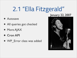 2.1 “Ella Fitzgerald”
• Autosave	

• All queries got checked	

• More AJAX	

• Cron API
• WP_Error class was added

January 22, 2007

 